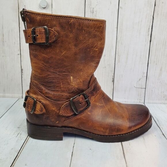 Frye 'Veronica' Back Zip Moto Boot Brown Women's Size 7B Leather Distressed GUC - Picture 2 of 16